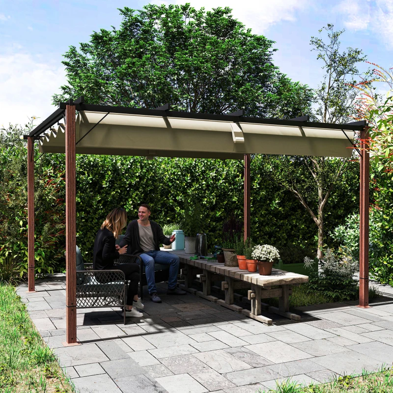 Outsunny Pérgola de Jardín 4x3 m con Techo Retráctil y Marco de Aluminio con Acabado Madera UPF30+ para Patio Terraza Porche