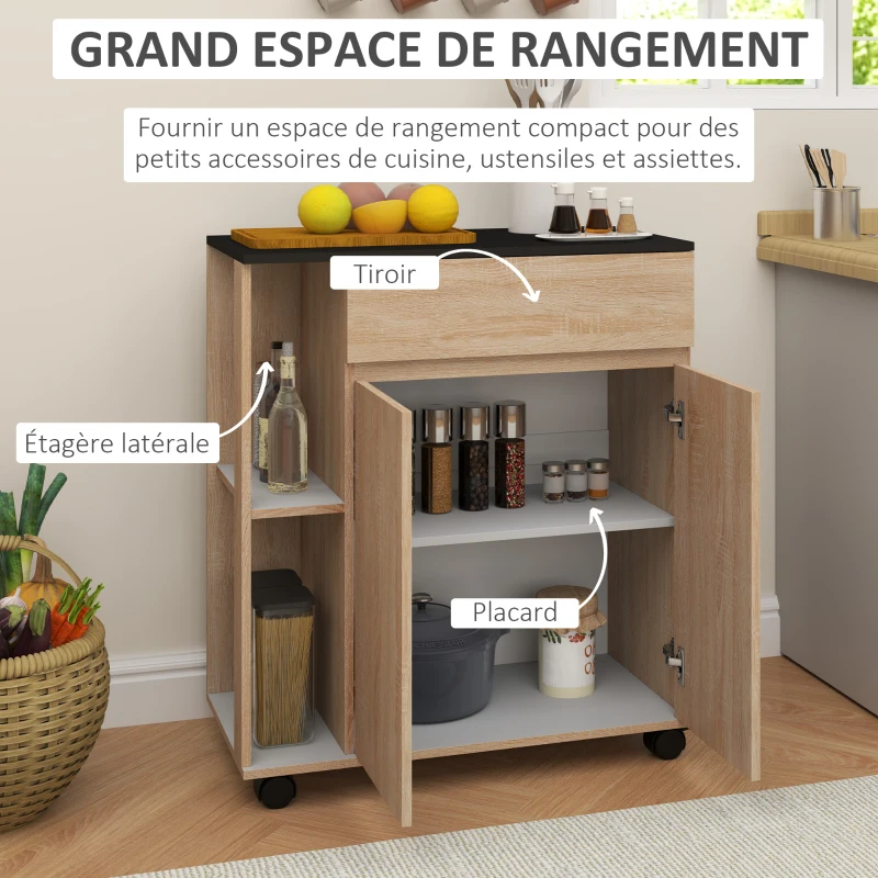 HOMCOM Chariot de service desserte de cuisine à roulettes multi-rangements placard double portes + 2 étagères + tiroir panneaux particules chêne noir