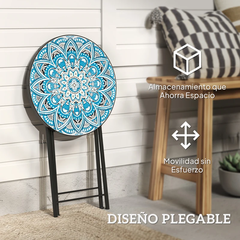 Outsunny Mesa Auxiliar Redonda de Jardín Plegable con Encimera de Mosaico y Almohadillas Antideslizantes Ø35,5x55 cm Azul