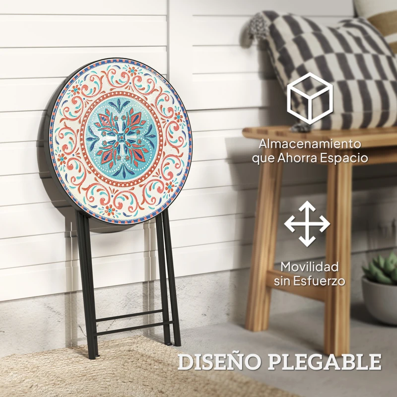 Outsunny Mesa Auxiliar Redonda de Jardín Plegable con Encimera de Mosaico y Almohadillas Antideslizantes Ø35,5x55 cm Multicolor