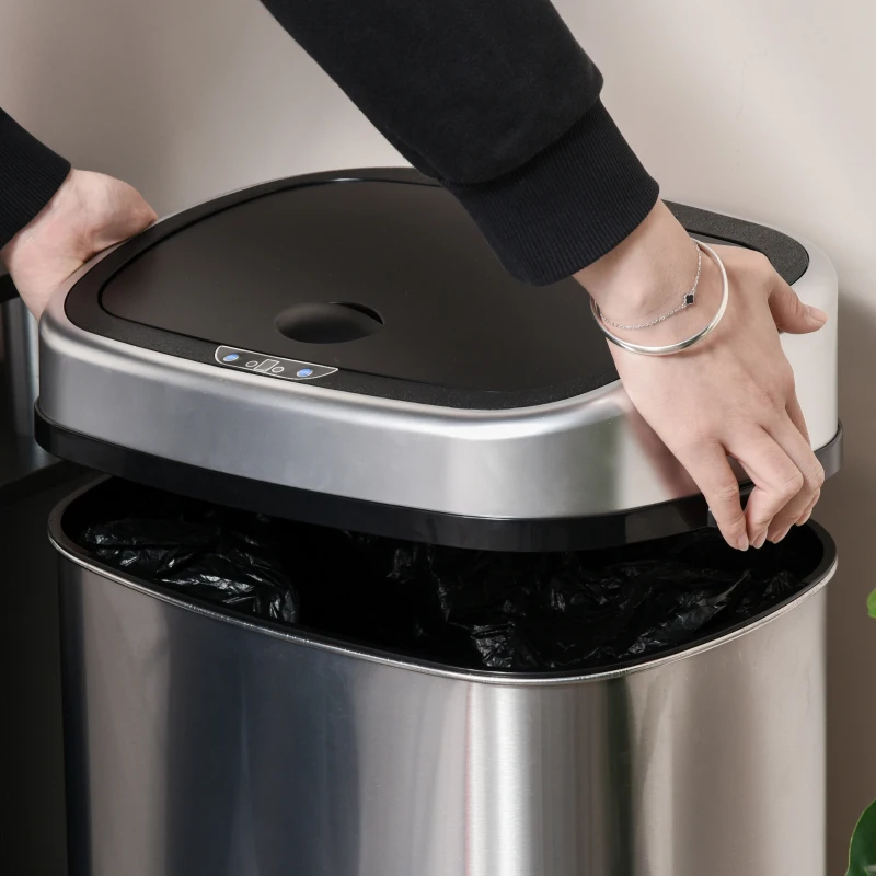 HOMCOM® Automatische vuilnisbak met infraroodsensor 48 L zilverkleurige vuilnisbak keukenemmer 40,5 L x 29,5 B x 57 H cm