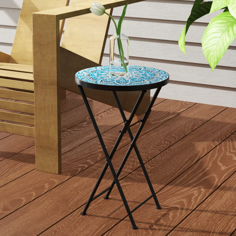 Outsunny Mesa Auxiliar Redonda de Jardín Plegable con Encimera de Mosaico y Almohadillas Antideslizantes Ø35,5x55 cm Azul