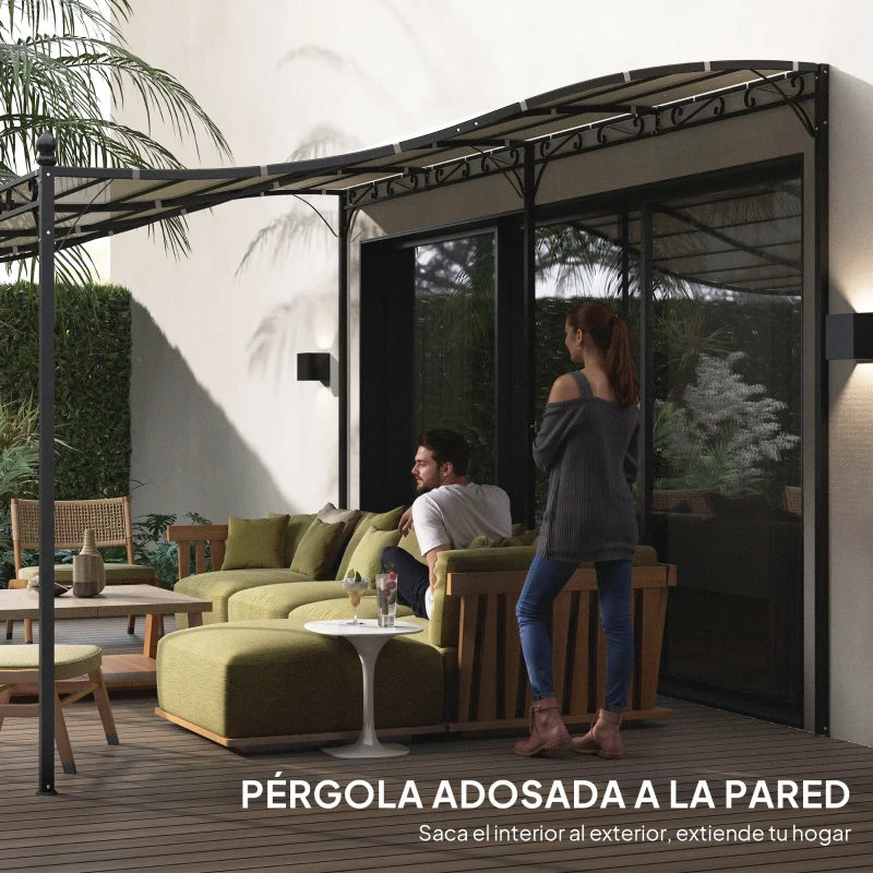 Outsunny Pérgola de 6x3 m con Techo de Poliéster Estructura Metálica Resistente y Drenaje para Jardín o Terraza Crema
