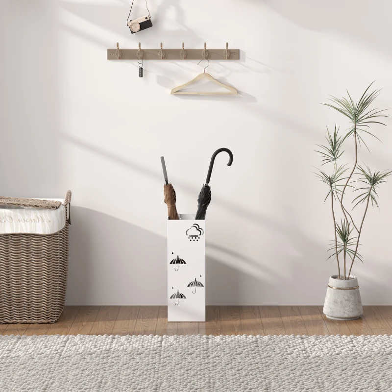 HOMCOM Paragüero de Acero con Bandeja Recoge Gotas Ganchos para Paraguas Plegables y Diseño Decorativo 15,5x15,5x41 cm Blanco