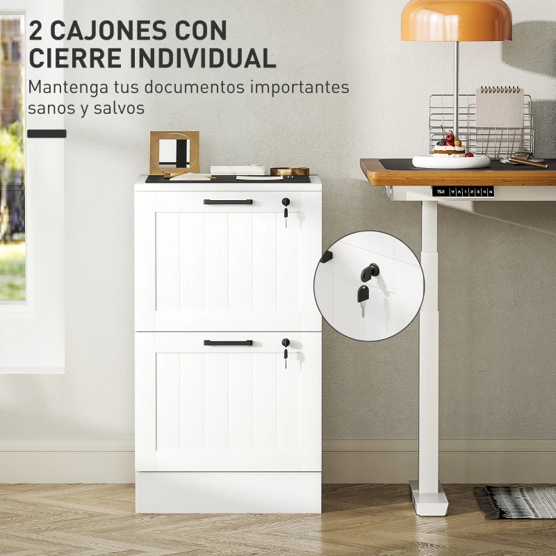 HOMCOM Mueble Archivador con 2 Cajones Cajonera para Escritorio con Cerraduras Rieles Colgantes Ajustables para A4 Blanco