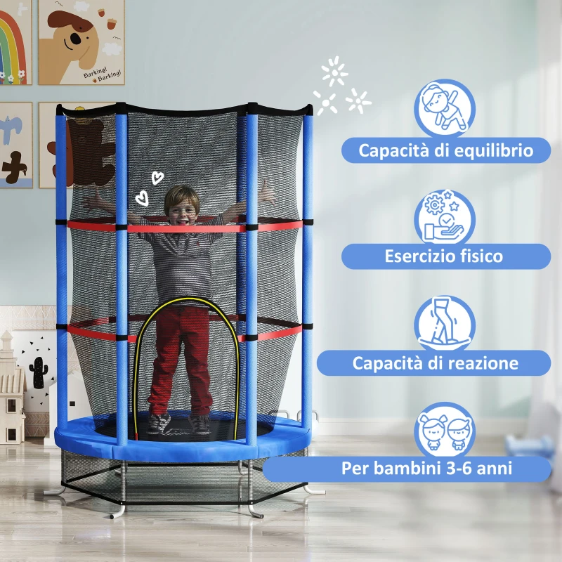 HOMCOM Tappeto Elastico per Bambini 3-6 Anni con Rete di Protezione, 6 Colonne e 3 Ingressi, Ø140x190 cm, Blu e Nero