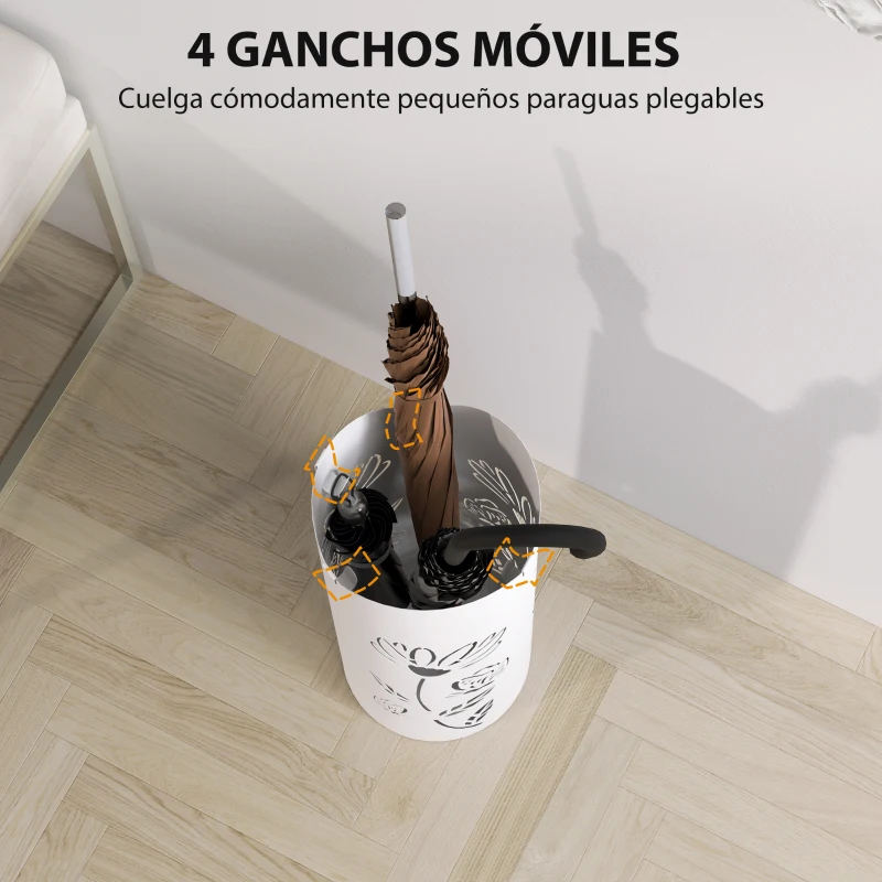 HOMCOM Paragüero de Acero con 4 Ganchos y Bandeja de Goteo Extraíble y Diseño Decorativo 17x17x41 cm Blanco