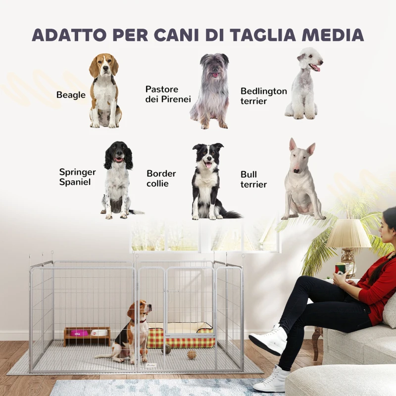 PawHut Recinto per Cani a 8 Pannelli Modulabili Pieghevole con Porta in Acciaio, Altezza 80 cm, Argento