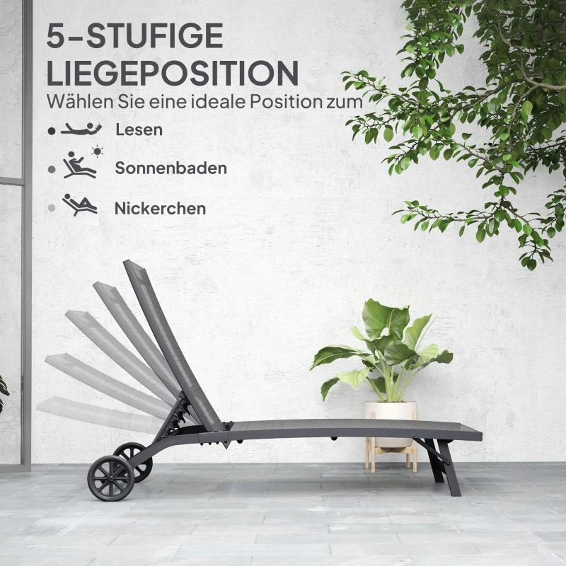 Outsunny Sonnenliege, 5-stufig verstellbare Rücklehne, atmungsaktiver Stoff, Aluminiumrahmen, Dunkelgrau, 195 x 66 x 34 cm