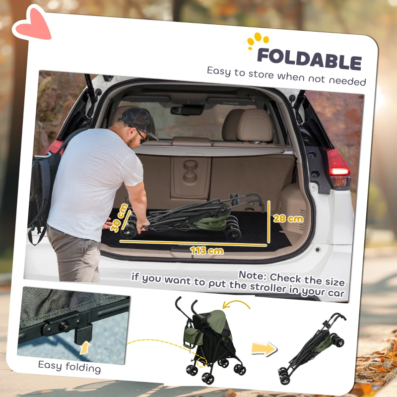 PawHut Foldable Dog Stroller, Lightweight Dog Pram w/ Shoulder Strap, Storage Bag, Cup Holder, Dark Green