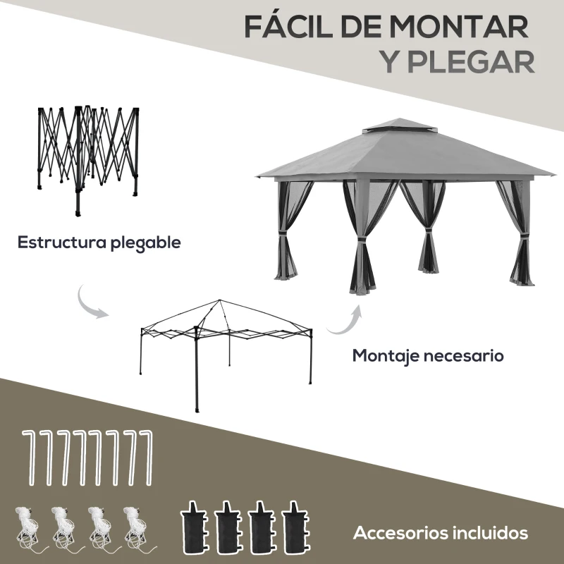 Outsunny Carpa Plegable Pop-up con Altura Ajustable Protección UV50+ Doble Techo y Mosquiteras 4x4x2,8 m Gris