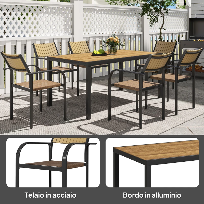 Outsunny Set Tavolo da Giardino Allungabile con 6 Sedie da Esterno Impilabili, Acciaio e Textilene, Marrone