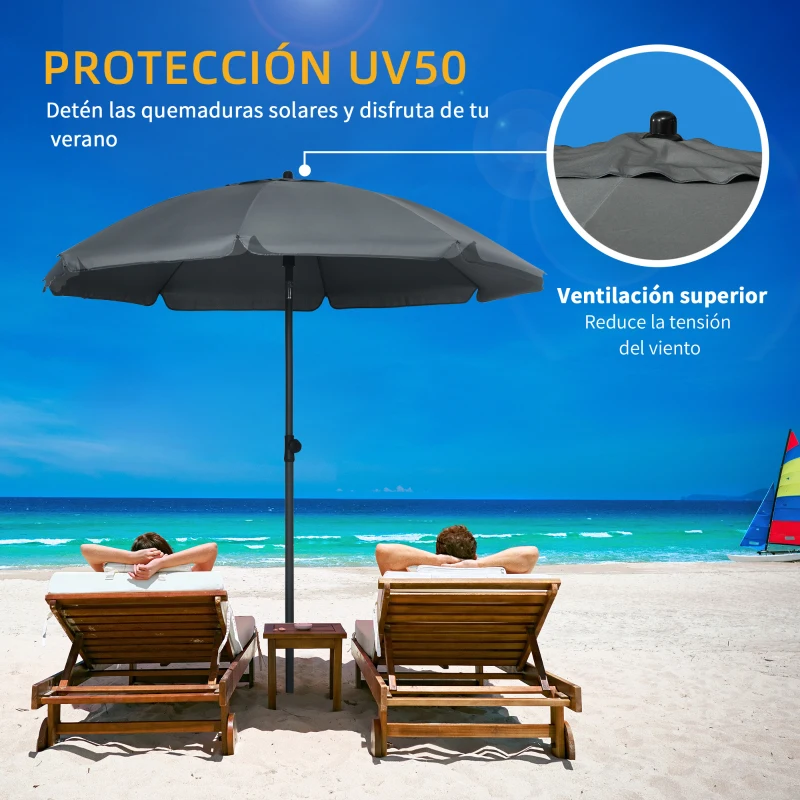 Outsunny Sombrilla de Playa con Protección UV50+ Mástil de Ø32 mm y Toldo Ajustable Ø180x209 cm Gris Oscuro