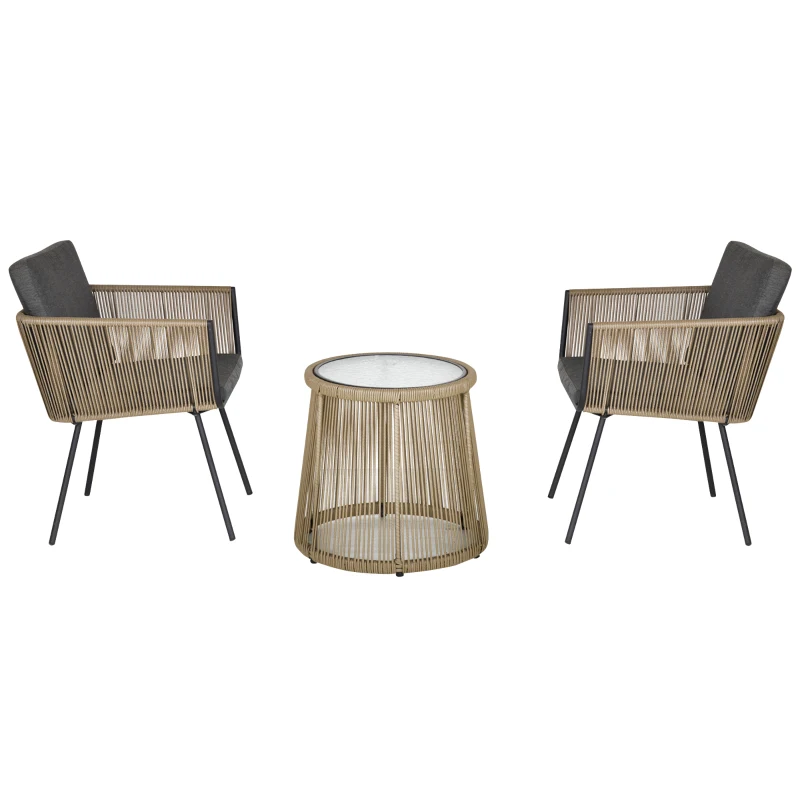 Outsunny Juego de 2 Sillas y Mesa de Ratán con Cojines Acolchados y Encimera de Vidrio para Balcón Terraza Café y Gris
