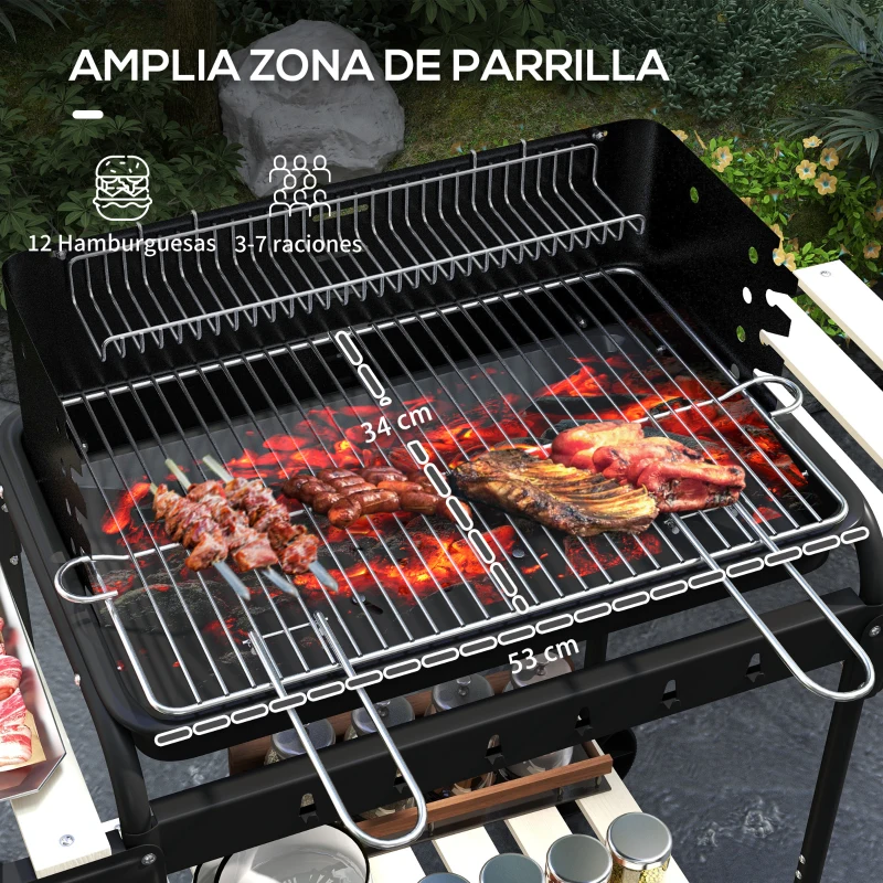 Outsunny Barbacoa de Carbón con Ruedas Parrilla Ajustable en Altura Estantes y 6 Ganchos 103x47x95 cm Negro