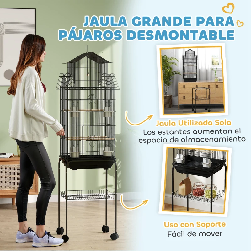 PawHut Jaula para Pájaros con Ruedas Comederos Perchas Columpio y Bandeja Extraíble 50,5x41x163 cm Negro