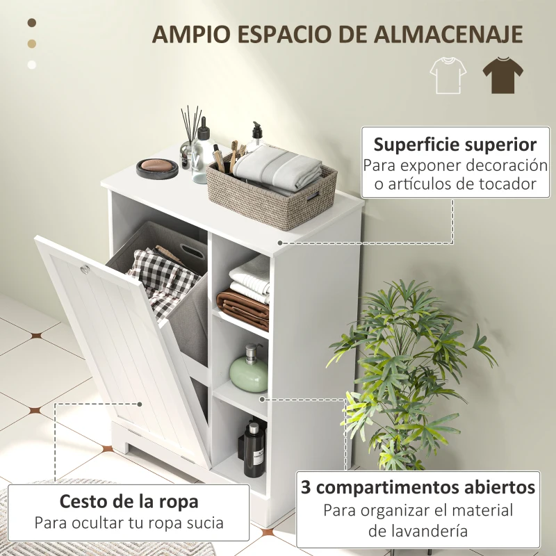 HOMCOM Mueble de Baño con Cesto Ropa Sucia Cesta Extraíble Estante Ajustable y Compartimentos para Baño 60x38x86 cm Blanco