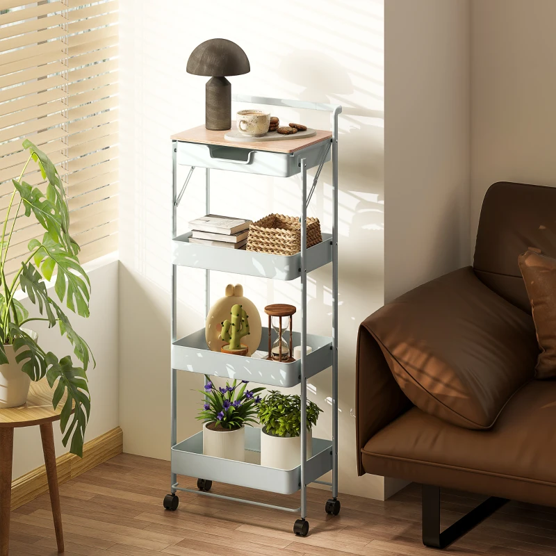 HOMCOM Carrito Auxiliar con Ruedas de 4 Niveles con Cajón Encimera y Cestas de Rejilla para Dormitorio Baño Cocina Verde Claro