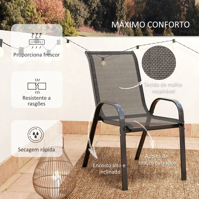 Outsunny Conjunto de Mesa e Cadeiras de Jardim de 3 Peças Móveis de Jardim com Cadeiras Empilháveis e Bancada de Vidro Preto