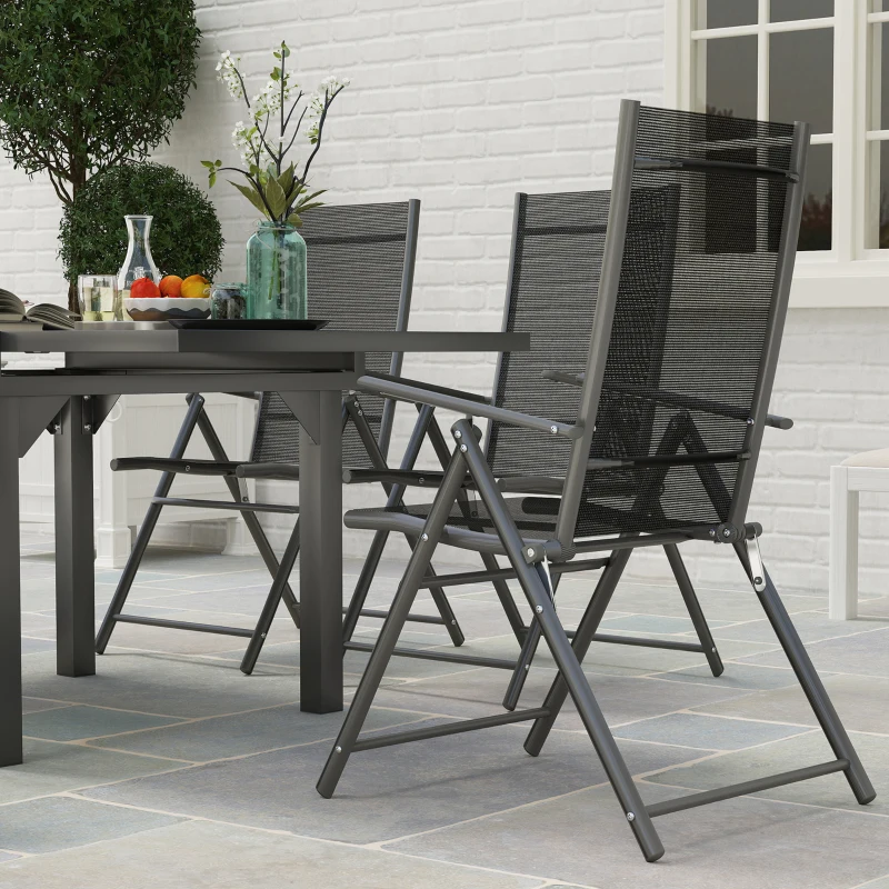 Outsunny Set da Giardino con Tavolo Allungabile in Vetro e 6 Sedie da Esterno Pieghevoli, Acciaio e Textilene, Grigio