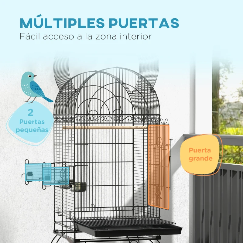 PawHut Jaula de Pájaros con Ruedas Jaula de Aves Exterior con Bandeja Extraíble Rejilla 2 Cuencos Percha 51x51x153 cm Negro