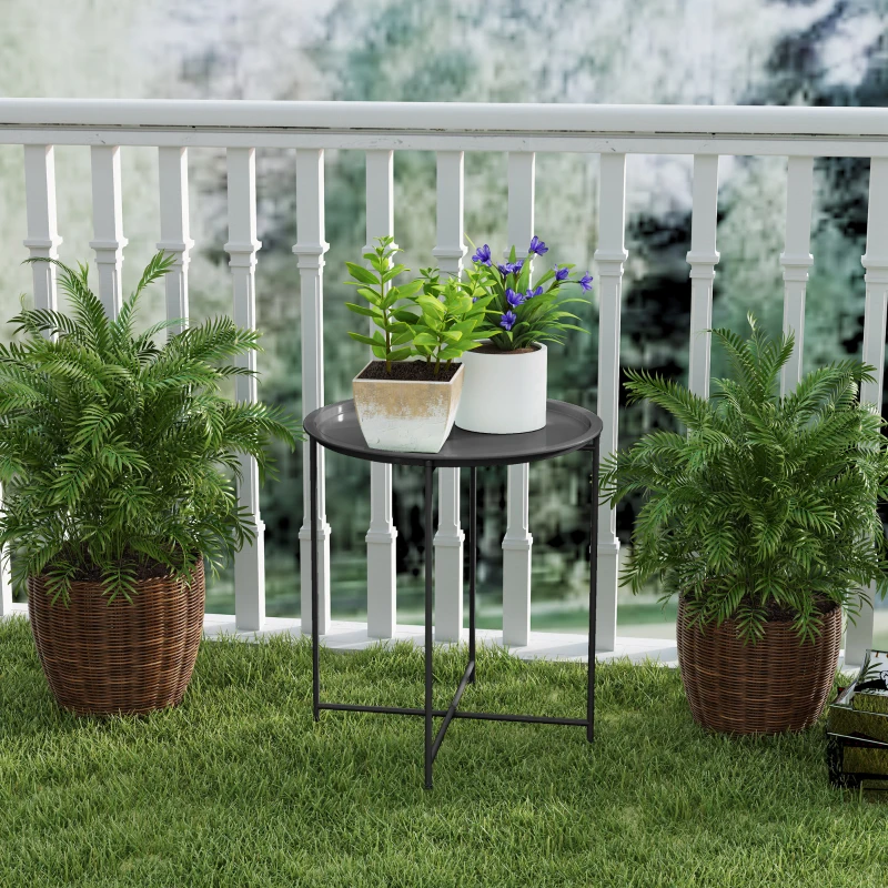 Outsunny Mesa de Jardín Redonda con Bandeja Extraíble Patas Ajustables y Acabado en Acero para Exterior Ø46x50 cm Negro
