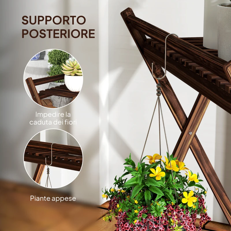 Outsunny Set 2 Portapiante a 2 Livelli con Design a Doghe in Legno di Abete, 73x36x64 cm, Marrone Bruciato