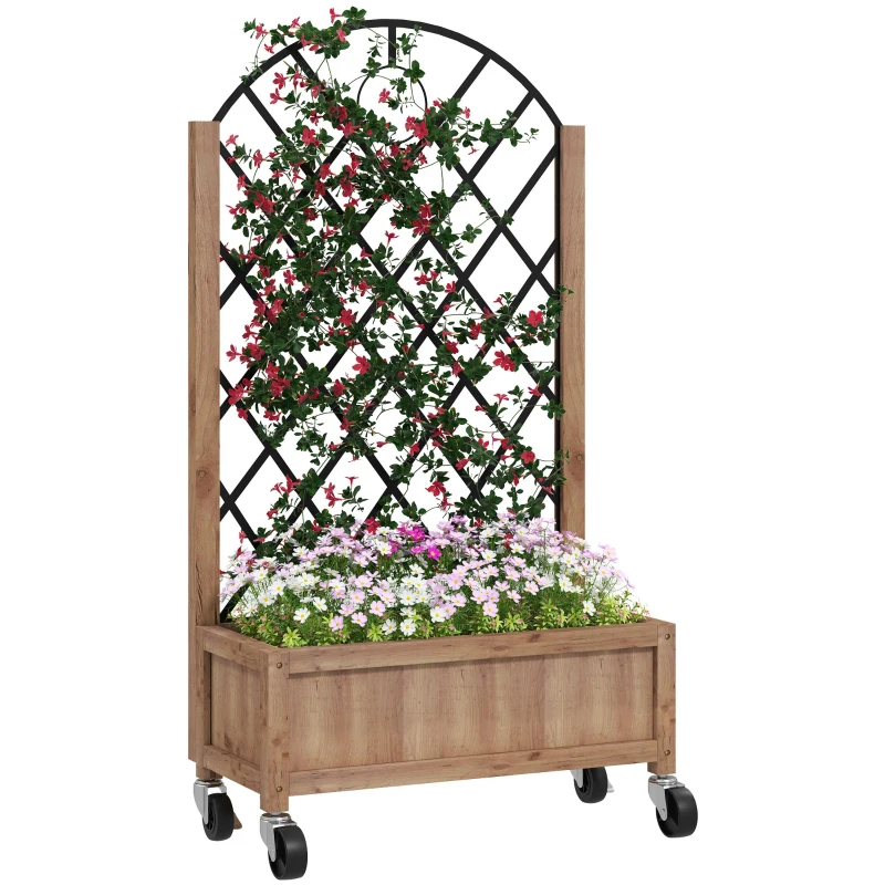 Outsunny Wooden Planter, with Metal Trellis - Brown/Black