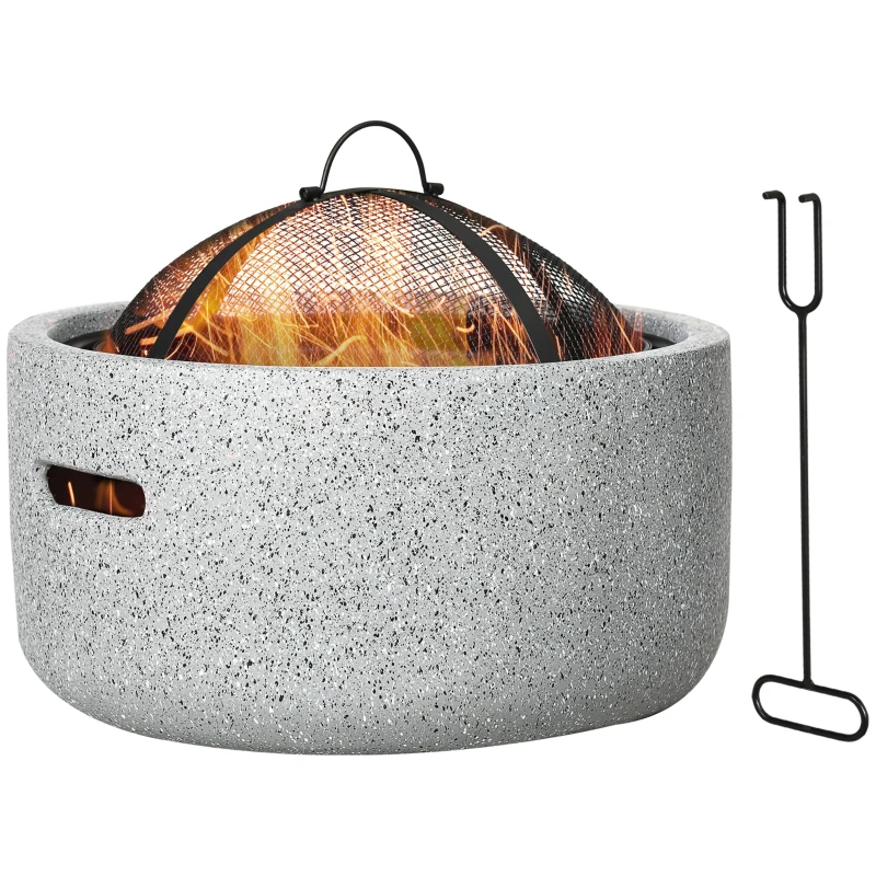 Outsunny Brasero Exterior Redondo de Metal para Madera con Atizador Pantalla Antichispas Rejilla y Manija Ø45x34 cm Gris