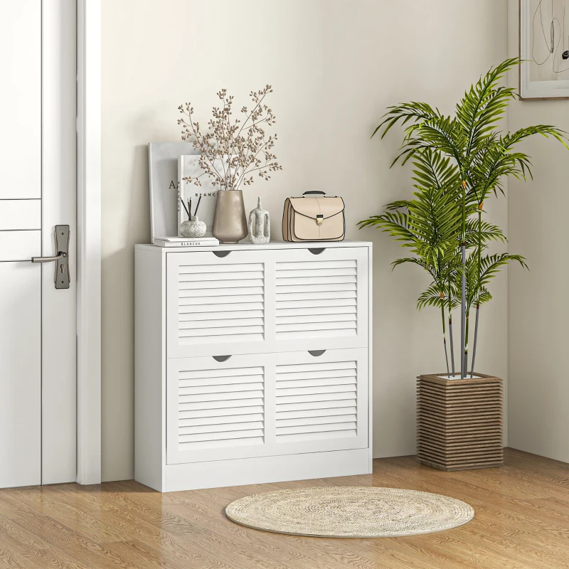 HOMCOM 2 Drawers Entryway Shoe Cabinet, Narrow Shoe Storage Cabinet with 2 Flip Drawers, Louvred Door Design and Adjustable Shelves for 16 Pairs of Shoes, White