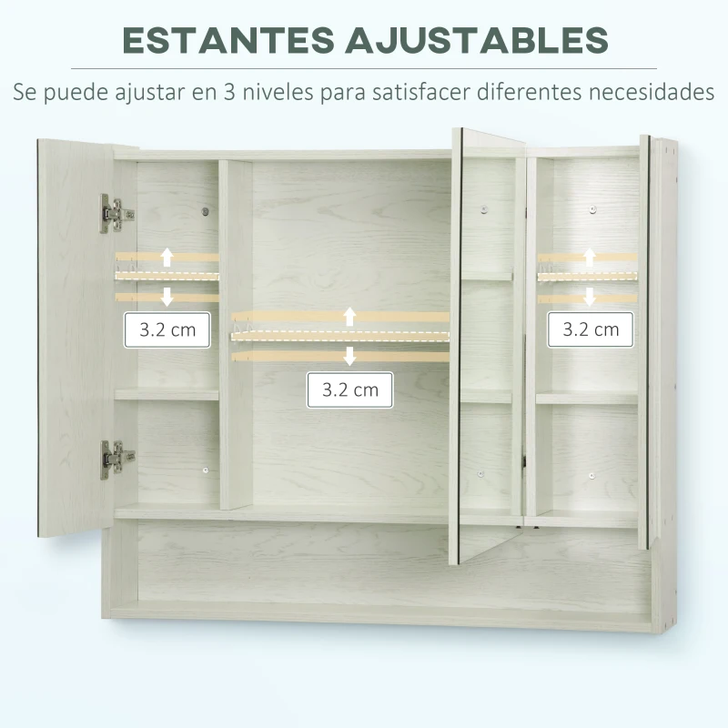 kleankin Armario de Baño con Espejo 3 Puertas Estante Ajustable y Compartimento 90x15x75 cm Blanco