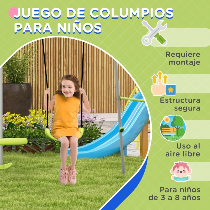Outsunny Columpio para Niños Columpio Jardín Exterior con 1 Columpio Simple 1 Planeador y Anti-UV 255x160x180 cm Gris y Verde