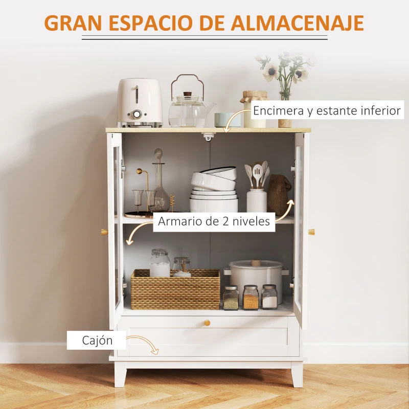 HOMCOM Aparador de Salón con Cajón y Estante Ajustable Aparador de 2 Puertas de Vidrio 68x35x85 cm Blanco y Roble