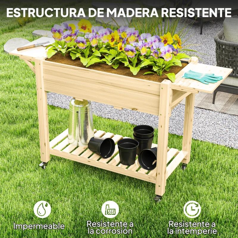 Outsunny Jardinera Elevada con Ruedas Repisas Plegables y Estante 145x52x86 cm Sistema de Drenaje y Estructura de Madera Natural
