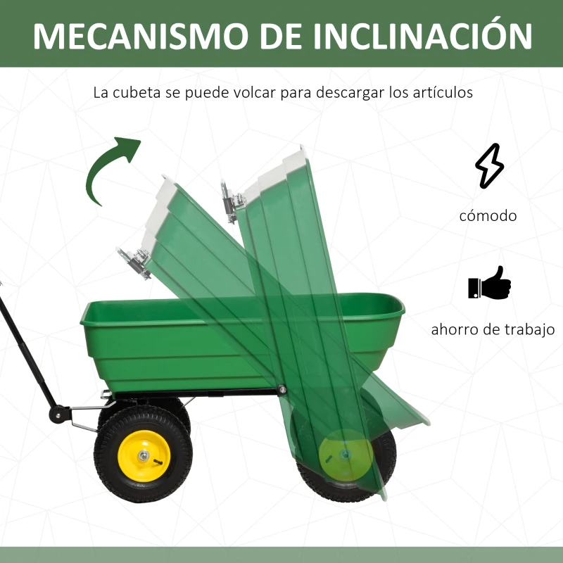 Outsunny Carro de Jardín Basculante Capacidad 125 L Carga 200 kg con Marco de Acero y 4 Ruedas Neumáticas Verde