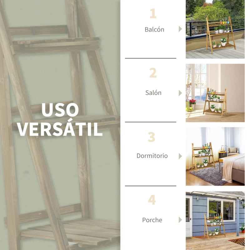 Outsunny Soporte para Plantas de Madera de 3 Niveles Estantería para Plantas Plegable Soporte para Macetas 80x37x93 cm Natural