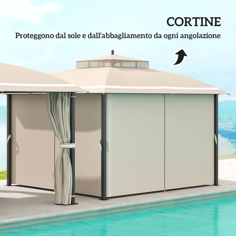 Outsunny Gazebo da Giardino 3.7 x 3 m con Zanzariera, Tende Laterali e Doppio Tetto, Beige