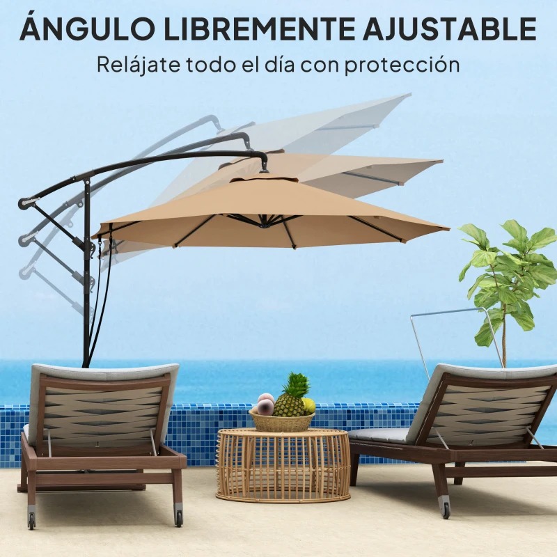 Outsunny Parasol de Jardín Excéntrico Sombrilla con Funda para Sombrilla Protección UV 50+ y Base Cruzada Ø290x243 cm Caqui