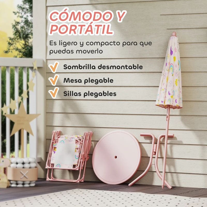 AIYAPLAY Conjunto Infantil de Jardín Plegable con 2 Sillas Mesa y Sombrilla Ajustable para Niños de 2 a 5 Años Rosa