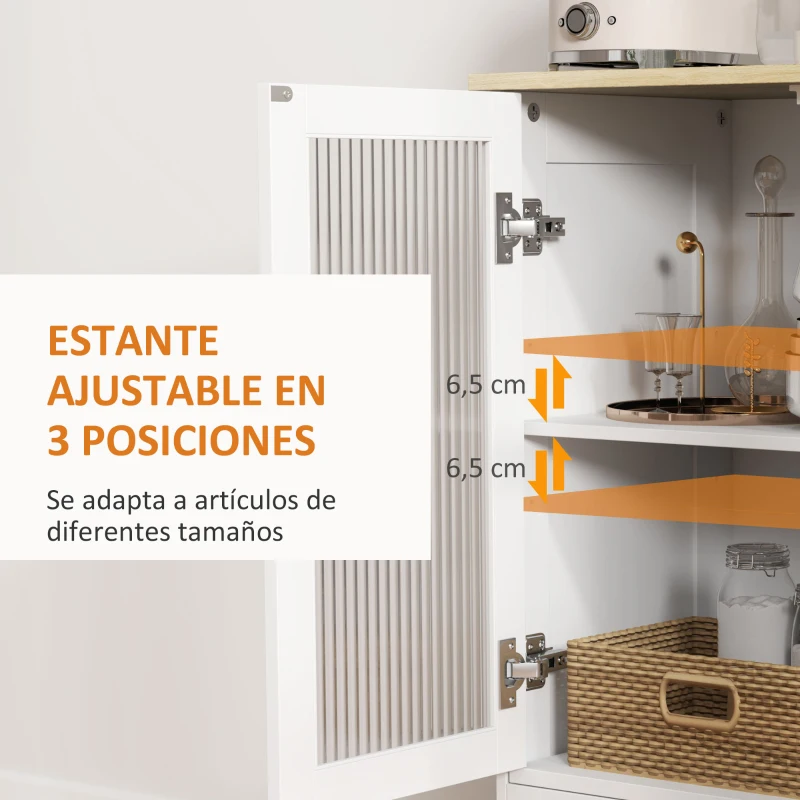 HOMCOM Aparador de Salón con Cajón y Estante Ajustable Aparador de 2 Puertas de Vidrio 68x35x85 cm Blanco y Roble