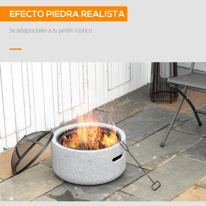 Outsunny Brasero Exterior Redondo de Metal para Madera con Atizador Pantalla Antichispas Rejilla y Manija Ø45x34 cm Gris