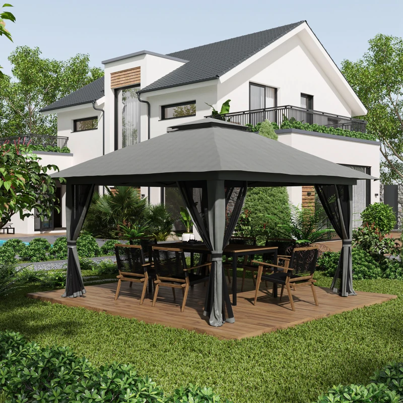 Outsunny Carpa Plegable Pop-up con Altura Ajustable Protección UV50+ Doble Techo y Mosquiteras 4x4x2,8 m Gris