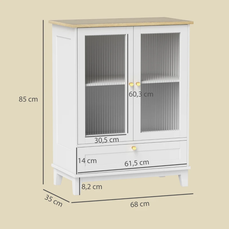 HOMCOM Aparador de Salón con Cajón y Estante Ajustable Aparador de 2 Puertas de Vidrio 68x35x85 cm Blanco y Roble