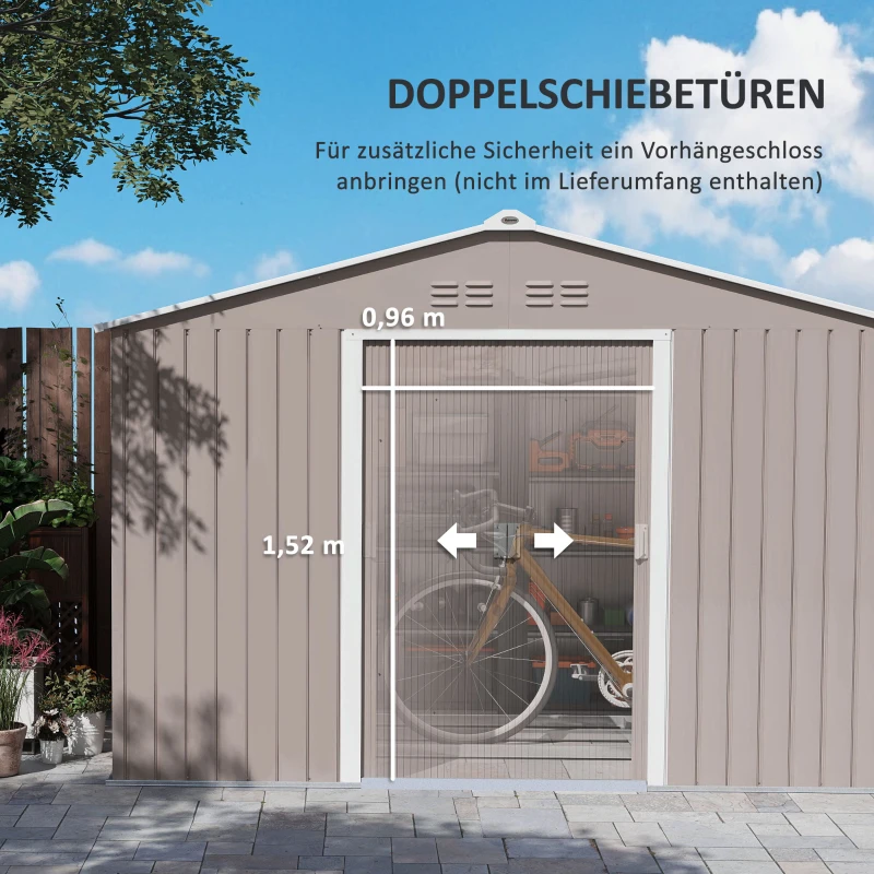 Outsunny Metalen tuinschuur met schuifdeuren en ventilatieramen, 277 x 195 x 192 cm, lichtgrijs