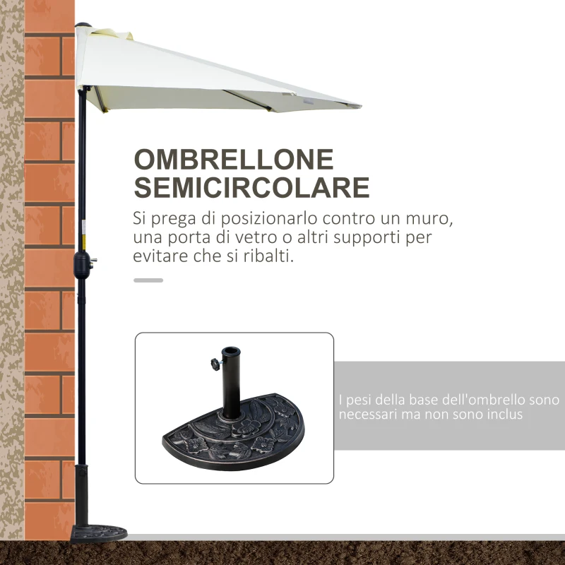 Outsunny Ombrellone da Terrazza a Mezzaluna con Apertura a Manovella e Palo a 2 Sezioni, 2.6x1.35 m, Beige