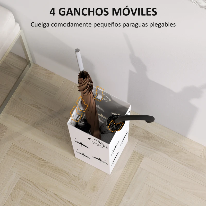 HOMCOM Paragüero de Acero con Bandeja Recoge Gotas Ganchos para Paraguas Plegables y Diseño Decorativo 15,5x15,5x41 cm Blanco