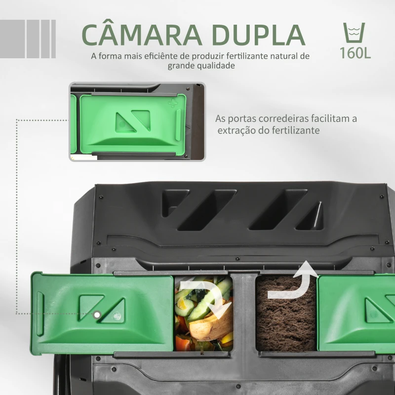Outsunny Compostor de Tambor Giratório de 160L com Dupla Câmera e Ventilação para Resíduos Orgânicos 71x64x92 cm Preto e Verde