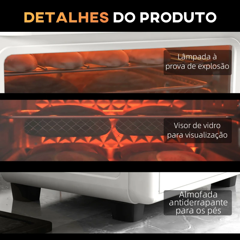 HOMCOM Mini Forno Elétrico Multifuncional de 13L 1200W com 12 Modos Temporizador e Temperatura Ajustável 33,5x32x32,5 cm Branco