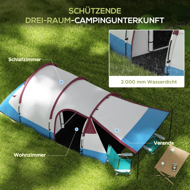Outsunny Campingzelt, für 3 Personen, Laternenhaken, drei Eingänge, wasserdicht, Rot
