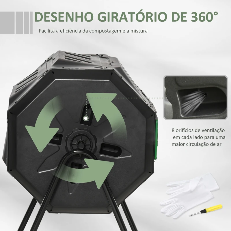 Outsunny Compostor de Tambor Giratório de 160L com Dupla Câmera e Ventilação para Resíduos Orgânicos 71x64x92 cm Preto e Verde
